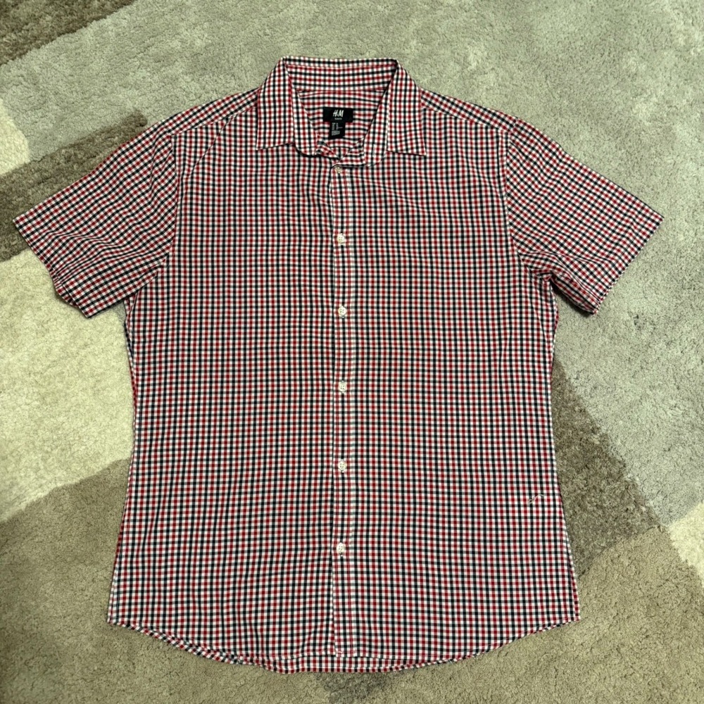 HM‎ Mens XL Slim Fit Short Sleeve Button Down Shirt Red Blue Gingham 02552041